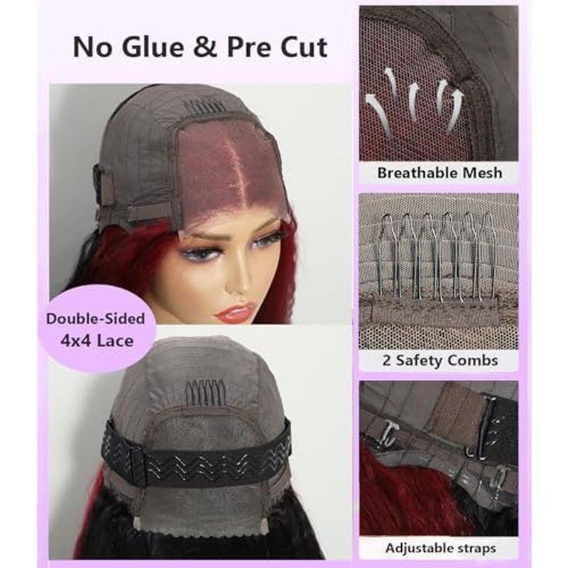 Wear and Go Glueless Wigs Human Hair Pre Plucked Pre Cut Double Wear Wig Kinky Straight 4x4 HD Lace Yaki Straight Human Hair Wigs for Black Women 180% Density 28 Inch (Red and Black)
