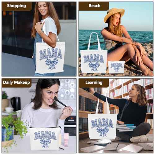 Wetern Bow Mom Gifts Canvas Tote Bag Makeup Bag, Western Gifts for Women Cowgirl Birthday Grocery Cosmetic Bags