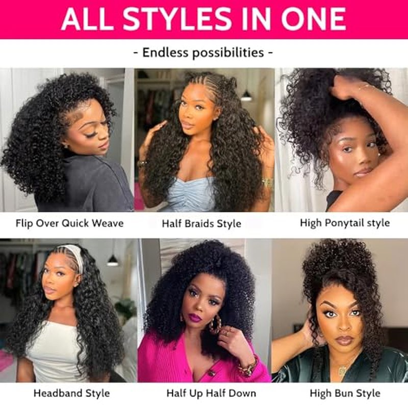Kinky Curly Half Wig Human Hair 200% Density 3 In 1 Seamless Clip Ins Flip Over Half Wig Wear and Go Glueless Wigs Human Hair for Women Drawstring Headband Wig Beginner Friendly (Black, 20 Inch)
