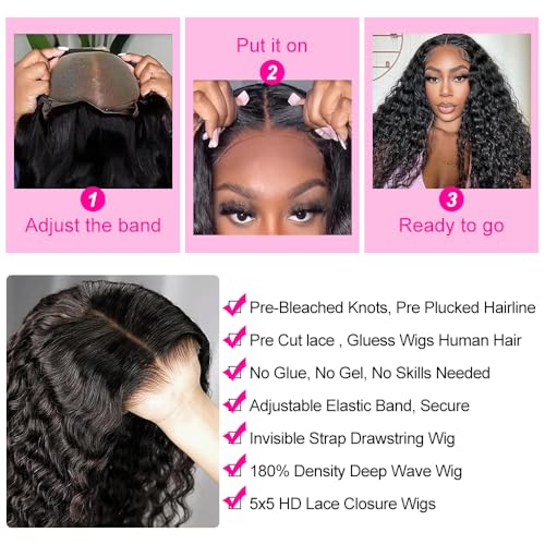 Hidden Strap Deep Wave 5x5 HD Lace Closure Wigs Human Hair Invisible Strap Bleached Konts Glueless Wigs Human Hair Pre Plucked Pre Cut 180% Denisty Deep Wave Closure Wigs with Drawstring 24 inch