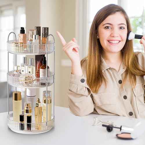 Aveniee Rotating Makeup Organizer for Vanity, 3 Tier Perfume Skincare Organizers and Storage for Bathroom Countertop, Clear Spinning Counter Cosmetic Holder for Dresser,Grey