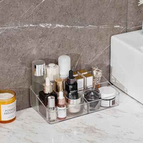 Yesesion Plastic Makeup Storage Organizer, Clear Cosmetics Display Case for Bathroom Counter, Dresser, Small Vanity Holder for Beauty Supplies, Makeup Brushes, Perfume, Lipsticks (8 Compartment)