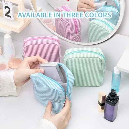 Breteil 2PCS Small Makeup Bag for Purse Cute Make up Bag with Mini Cosmetic Bag with Slip-in Pockets Candy Stripes Makeup Pouch Gifts for Women - Pink