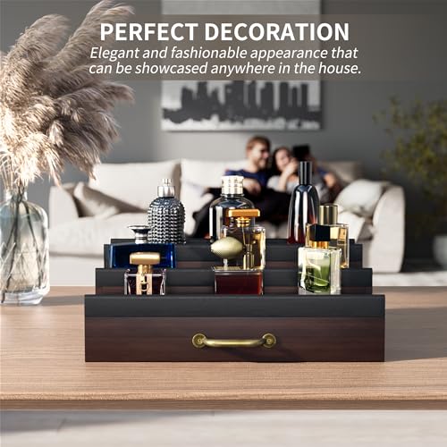 Cologne Organizer for Men,Wooden Perfume Organizer with Hidden Compartment and Drawer,Cologne Stand and Storage Display Risers for Dresser,Great Gift for Men/Friend£¨DarkBrown£©