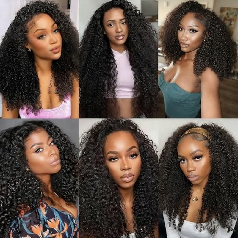 Kinky Curly Half Wig Human Hair Wear Go Glueless Wigs 18 Inch Curly 3 In 1 Half Wigs for Black Women Drawstring Seamless Flip Headband Wig Human Hair Beginner Friendly