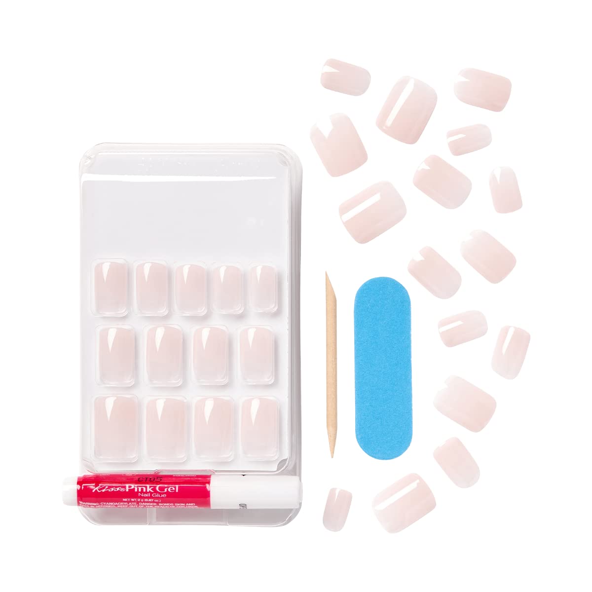 KISS Bare but Better Press On Nails, Glossy Pink, Short Length, Square Shape, 28 Fake Nails, Pink Gel Nail Glue Net Wt. 2g (0.07 Oz.), Mini Nail File, & Manicure Stick