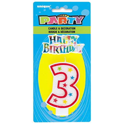 Vibrant Multicolor Number "3" Glitter Wax Birthday Candle - 7.75" (1 Count) - Perfect for Unforgettable Parties