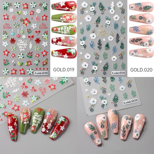 8 Sheets Christmas Nail Art Stickers 5D Embossed Winter Nail Decals Snowflake Maple Leaves Flowers Birds Squirrels Pattern Design Nail Stickers Supplies for Women Manicure Charms Decoration