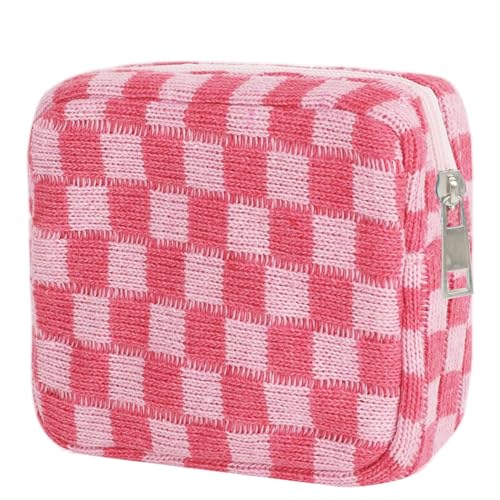 KOTORA 3pcs Checkered Mini Makeup Bag Pocket Cosmetic Bag Portable Aesthetic Preppy Makeup Bag for Women Mini Travel Makeup Organizer Storage Car Accessories (Blue Pink Purple)