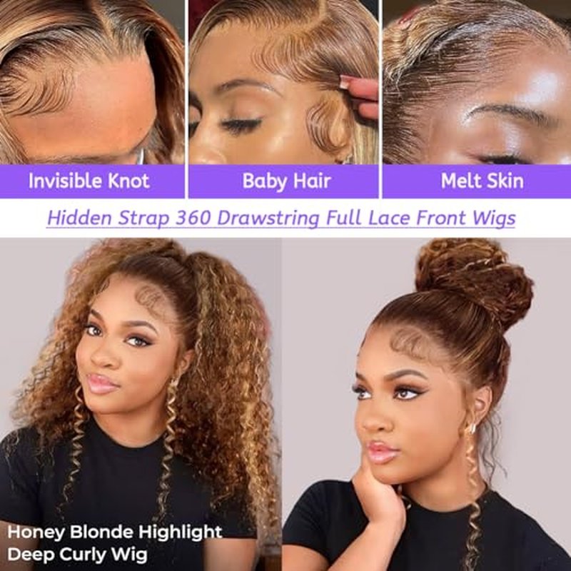 Highlight 360 Lace Front Wigs Human Hair Honey Blonde Deep Wave HD Lace Front Wigs Human Hair Pre Plucked Drawstring 360 Frontal Glueless Wigs 180 Density 4/27 Ombre Full Lace Wig 20 Inch