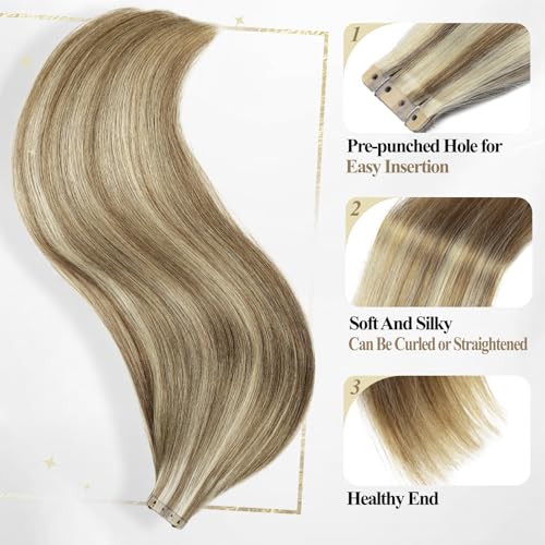 WIGER Seamless Highlighted Honey Blonde Human Hair Extensions No Glue No Gel Insert Human Extensions Balayage Invisible PU Hair Extensions (18 In, 20 Pcs)