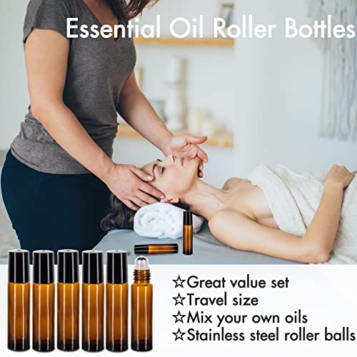 6 Pack Essential Oil Roller Bottles - 10ml Amber Glass Roll-On Bottles with Stainless Steel Roller Balls, Labels, 1*Openers, 1*Funnels, 1*Dropper