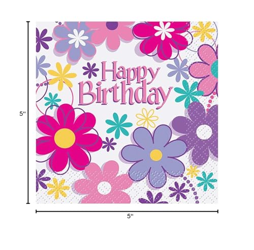 Unique Blossom Birthday Beverage Paper Napkins - 5" x 5", 16 Pcs