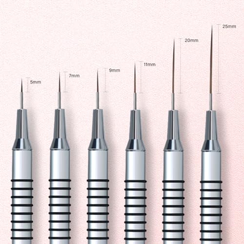 Metallic Nail Art Brushes, 6Pcs Non Slip Liner Brush Set, UV Gel Polish Painting Art Design Pen for Long Lines, Thin Details, Fine Drawing Sizes 5/7/9/11/20/25mm(Silver)