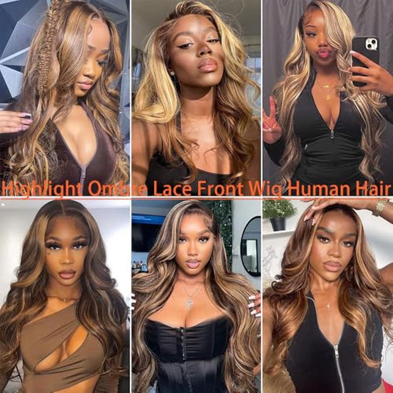 Body Wave Highlight Ombre Lace Front Wig Human Hair Pre Plucked 13x4 HD Transparent 4/27 Colored Honey Blonde Lace Frontal Wigs with Baby Hair 200% Density Lace Front Wigs For Women (24 Inch)
