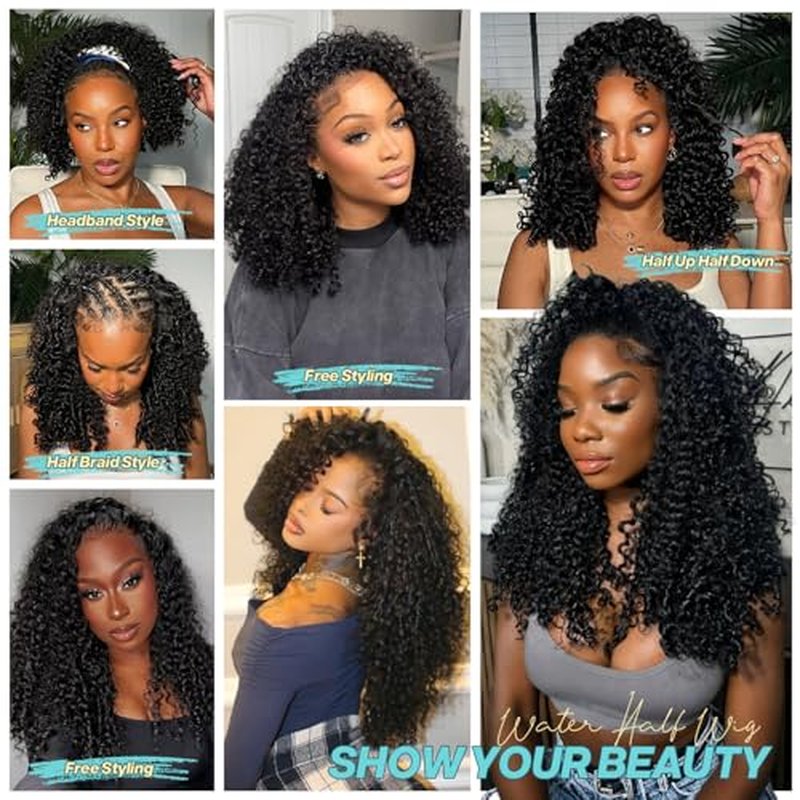 16 Inch Half Wig Burmese Curly Human Hair Wig for Women 250 Density 3 In 1 Seamless Flip Over Half Wigs Beginner Friendly Glueless Wigs Human Hair with Spiral End Natural Color