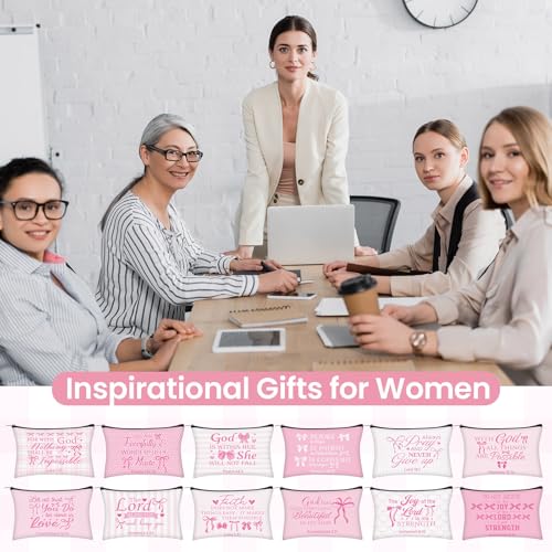 Geelin 24 Pcs Pink Bow Christian Gifts Bulk for Women 12 Coquette Bow Knot Religious Canvas Makeup Bags 12 Bible Verse Compact Mirrors Inspirational Church Party Gifts for Women Mother Sister