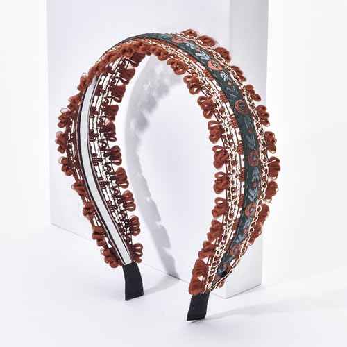 Boho Ethnic Wind Embroidery with Floral Headband Non-slip Elastic Brown Metal Hairband Wedding Vacation Headband for Woman Girls