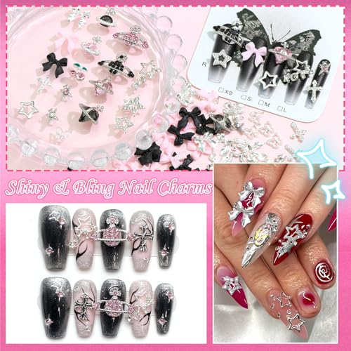 BELICEY 120Pcs 3D Nail Charms Pink Black Silver Bow Nail Charms Y2k Star Planet Cross Charms and Gems Pink Crystal Rhinestones Nail Jewelry for DIY Nail Art Design Crafts