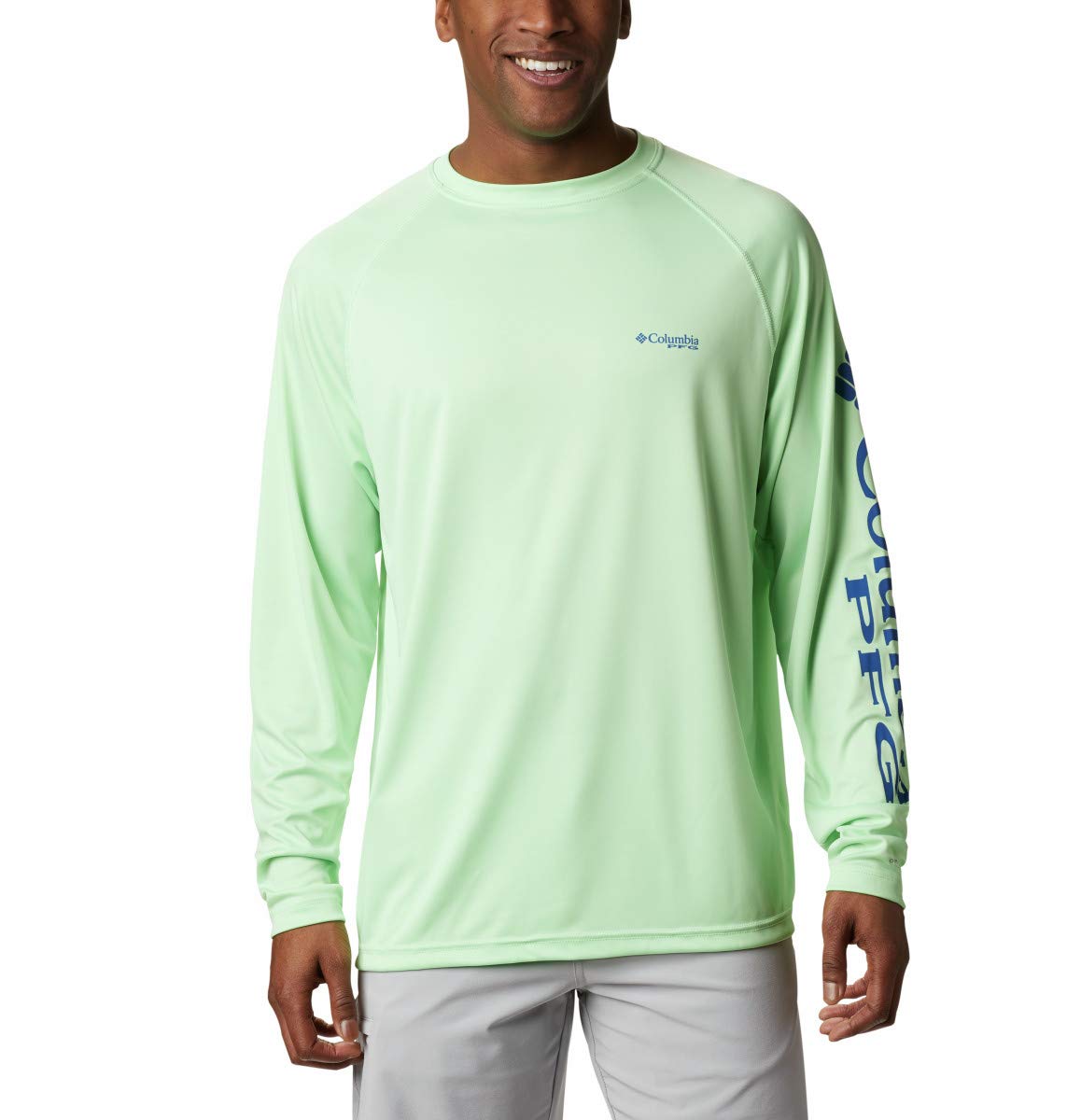 Columbia Men's Terminal Tackle Long Sleeve Fishing Shirt, Key West/Vivid Blue Logo, Small