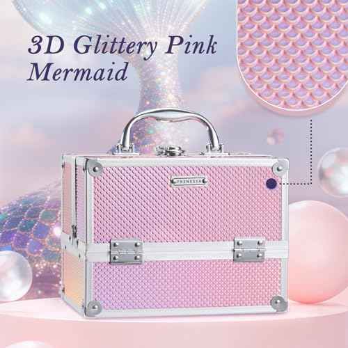 FRENESSA Makeup Train Case 8.85 Inch Portable Makeup Case Organizer Cosmetic Box Make Up Box Makeup Organizer Cosmetic Storage Cases with Locking Nail Kit Organizer Small Travel Case Mermaid Pink