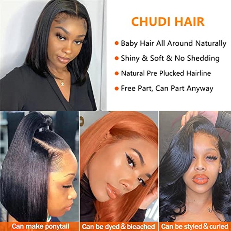 CHUDI 4x4 Bob Closure Wigs Human Hair 180% Density Glueless HD Lace Straight Bob Wigs Pre Plucked Natural Hairline Unprocessed Brazilian Human Hair for Women 14 inch