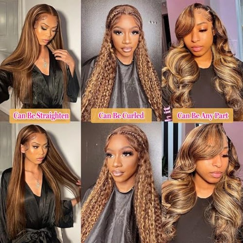 Honey Blonde Ombre Lace Front Wig Human Hair Body Wave 200% Density Highlight 13x4 Lace Front Wigs Human Hair Pre Plucked P4/27 HD Lace Frontal Wig Human Hair for Women (24 inch)