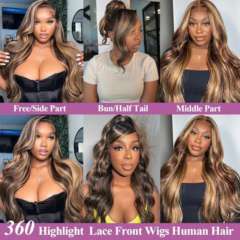 Ombre Body Wave 360 Lace Front Wigs Human Hair Honey Blonde HD Full Lace Front Wigs Human Hair Pre Plucked with Drawstring 180 Density 360 Glueless Highlight Lace Frontal Wigs 24 Inch