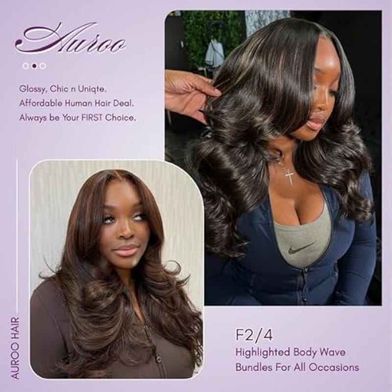 Brown Highlight Body Wave 3 Bundles Human Hair, 100% Virgin Real Hair Wavy 12A Weave #F2/4 2-Tone Dark Brown with Chestnut Streaks Ombre Human Hair Bundles 3pcs Thick Track Sew in 12 14 16 Inch
