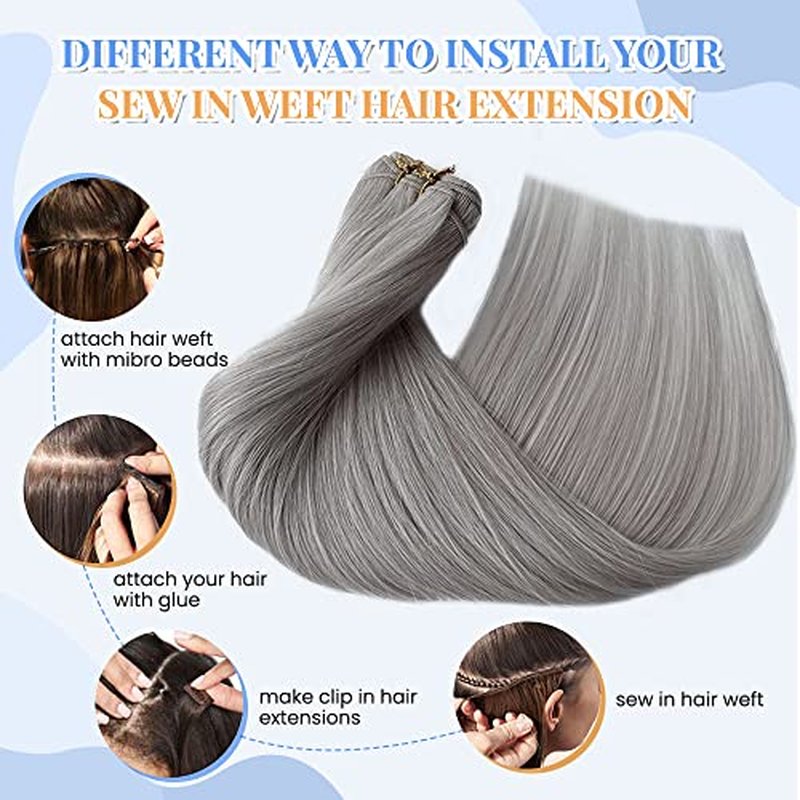24Inch Silver Grey Human Hair Bundles 120Gram 100% Brazilian Silky Straight Sew in Extensions Double Weft Grey Human Hair Bundles for Women Hand Tied Weft Hair Extensions Silver Sew in Hair Bundles