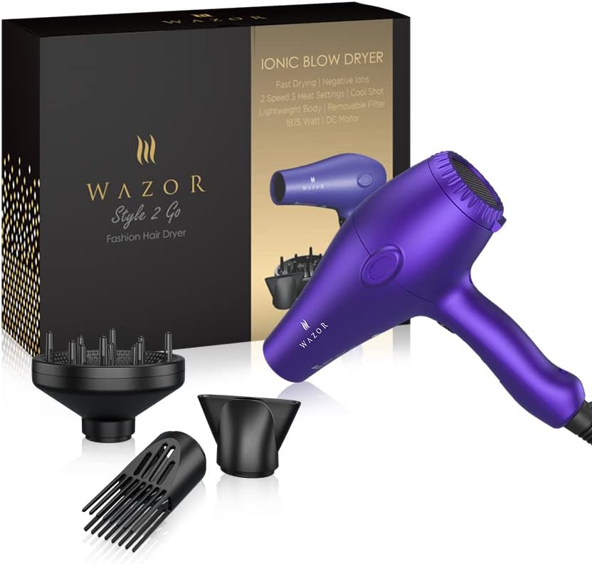Wazor Lightweight Hair Dryer - 1875W Ionic Blow Dryer with Diffuser | 2 Speed, 3 Heat Settings, Purple