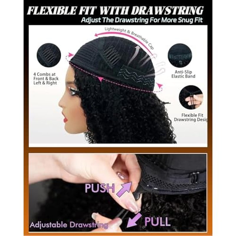 Curly Half Wig Human Hair 200% Density Kinky Curly Half Wig 3 In 1 Seamless Flip Over 26 inch Glueless Wigs Wear Go Beginner Friendly Kinky Curly Wig Drawstring Headband Wig for Women Daily Wear