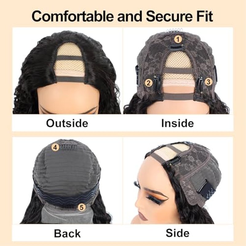Deep Wave U Part Wig Human Hair for Women 12A Grade Brazilian Virgin Deep Curly Upart Wig Human Hair Wigs 180% Density Glueless Full Head Clip in Half Wig U Shape Wig Natural Color (22 Inch)