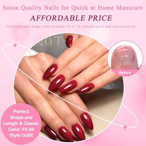 LoveOurHome 240pc Christmas Almond Press on Nails Medium Fake Nail Tips Burgundy Acrylic Nails Press ons Nail Almond Glue on Nail Short Stiletto Fingernail & Glue Adhesive Tabs for Women Girls Kids