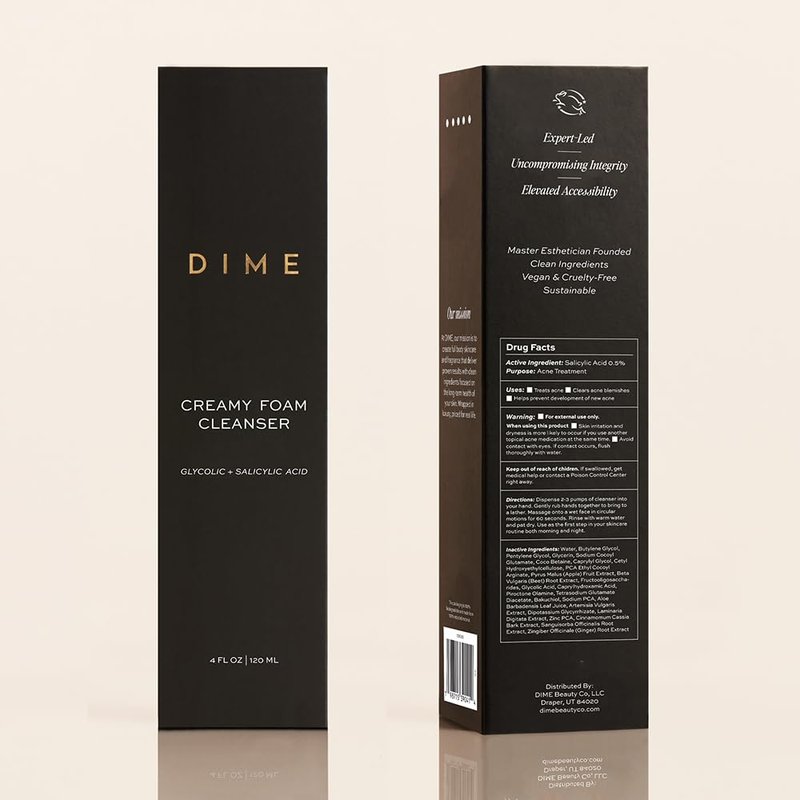 DIME Beauty Creamy Foam Cleanser - Daily Foaming Face Wash with Salicylic Acid & Glycolic Acid - Gentle Exfoliating Cleanser for Acne-Prone & Oily Skin, Vegan, Cruelty-Free, 4 oz / 120 ml