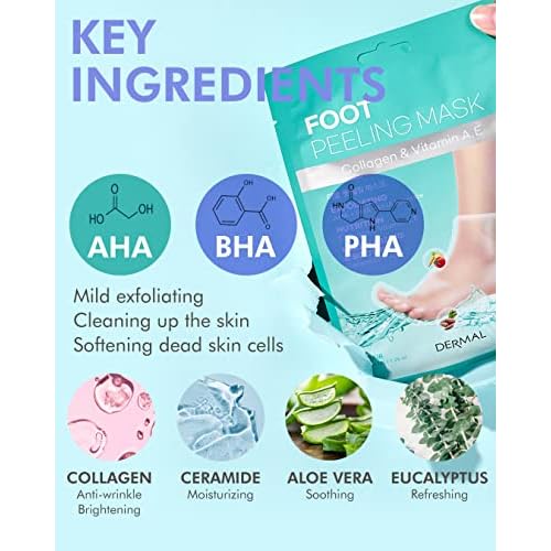 DERMAL KOREA Foot Peeling Mask 3 Pack For Dry Foot And Cracked Heel & Callus With Aloe Vera And Collagen - Exfoliating Peel Mask With Aha, Bha, & Pha And For Moisturizing, Soothing & Refreshing Feet