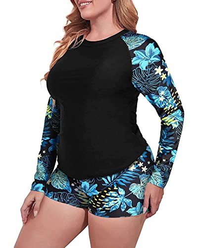 Daci Women Blue Flower Plus Size 2 Piece Long Sleeve Rash Guard Swimsuit Swim Shirts Top UPF 50+ with Boy Short Swimwear 18W