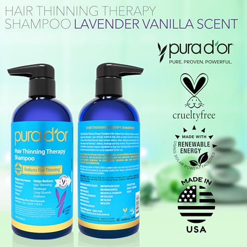 PURA D'OR 16 Oz Hair Thinning Therapy Biotin Shampoo - LAVENDER VANILLA Scent - CLINICALLY TESTED Effective Results, Herbal Blend Hair Thickening Products Women & Men, Color Safe Routine Shampoo