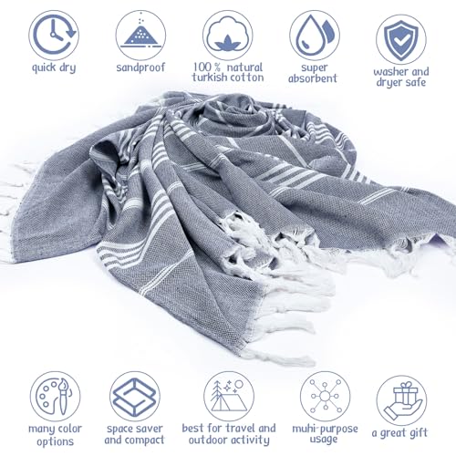 Moukeren 6 Pack Oversized Turkish Beach Towel 61 x 82 Inches Extra Large Cotton Turkish Beach Blanket Lightweight Absorbent Quick Dry Sand Proof Beach Towels for Travel Bathroom(Dark Blue)