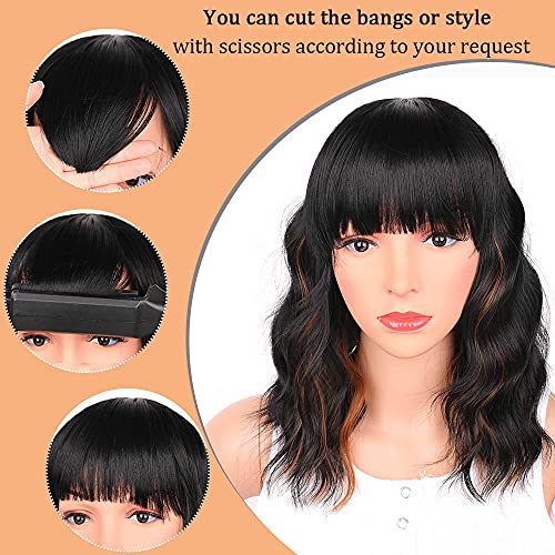 Black Mixed Brown Wig for Black Women 14 Inch Short Wavy Hair Wigs Curly Bob Wig with Bangs Wigs Shoulder Length Wigs for Black Women Bob Style Synthetic Heat Resistant