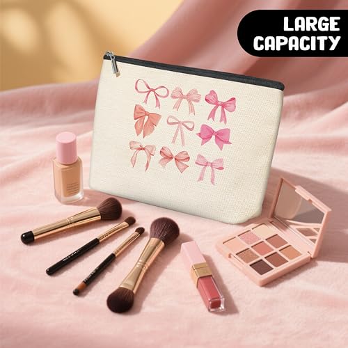 Bow Tote Bag Coquette Pink Bow Preppy Makeup Bag Set Cute Aesthetic Pink Bow Canvas Reusable Grocery Shopping Bag