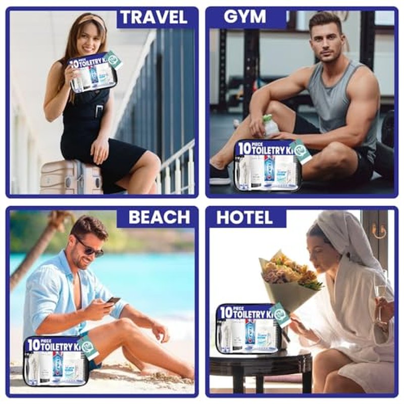 Trektote Travel Toiletry Kit For Men And Women ? 10 Piece Set of Travel Size Toiletries, TSA Compliant, Includes Body Wash, Deodorant, Shaving Cream And Razor, Oral Care, Reusable Toiletry Bag & More