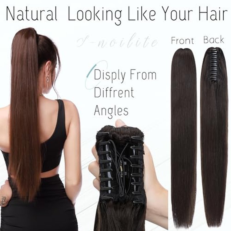 S-noilite Claw Clip Ponytail Extension Human Hair #1B Natural Black Real Remy Human Hair Ponytail Extension 18inch Long Straight Hair Pony Tails Hair Extensions For Women 115Grams