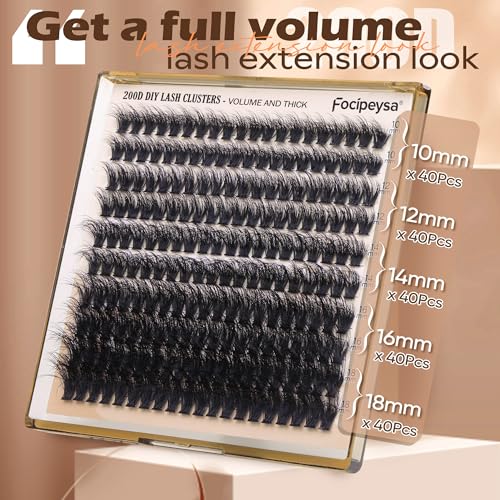 Focipeysa Lash Extension Kit Thick Eyelash Extension Kit 10-18mm Fluffy Lash Clusters 200D Individual Eyelashes Kit with Lash Bond, Lash Remover, Lash Applicator, DIY Lashes Extension