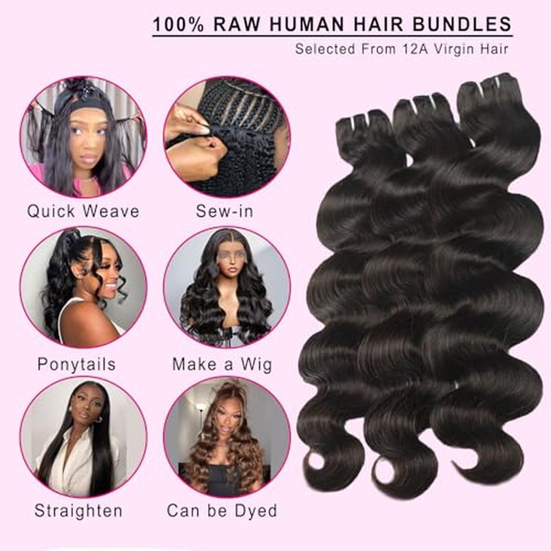 Body Wave Bundles Human Hair 18 20 22 24 Inch 12a Human Hair Bundles 100% Unprocessed Brazilian Raw Virgin Hair Extensions 4 bundles Natural Black