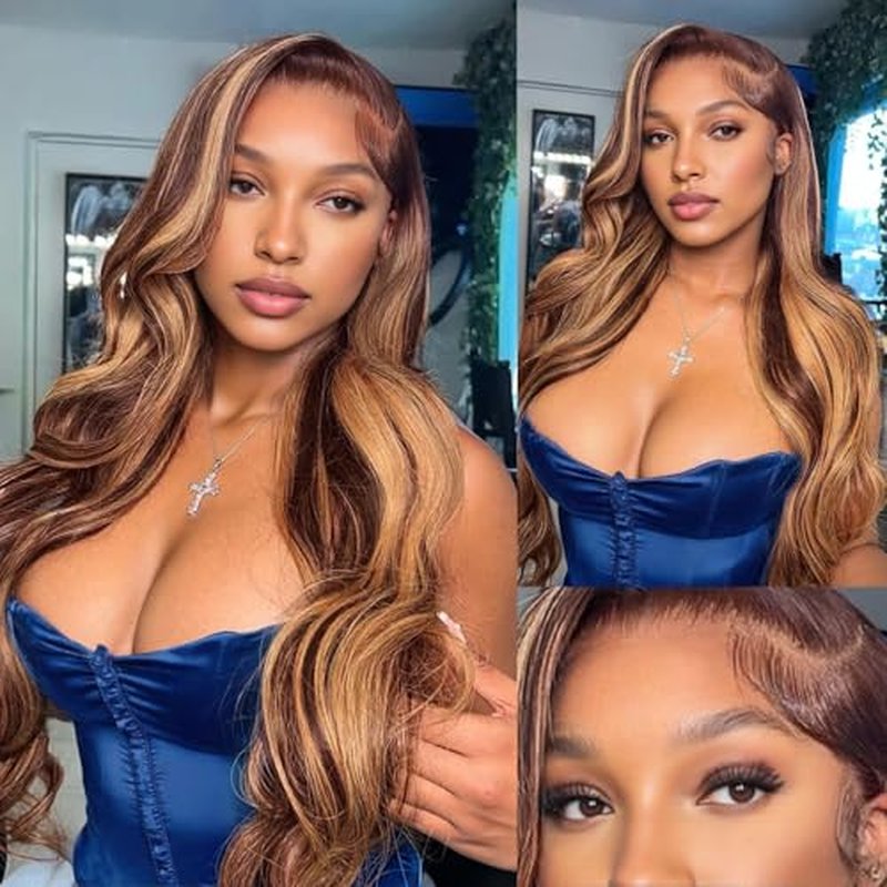 13x6 Honey Blonde Body Wave Lace Front Wigs Human Hair Pre Plucked 200% Density 4/27 Ombre Frontal Wigs HD Lace Front Wig Glueless Highlight Wigs for Black Women Human Hair Bleached Knots 22 inch