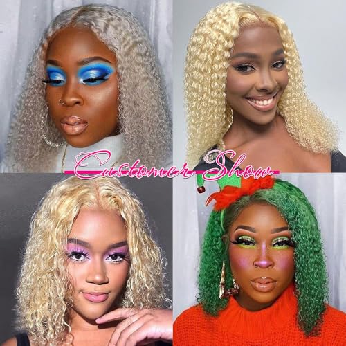 Blonde Bob Wig Human Hair 613 13x6 Lace Front Wig Human Hair Short Curly Bob Wigs for Black Woman Glueless Wigs Human Hair 613 Frontal Wigs Pre Plucked With Baby Hair180% Density (14 Inch)