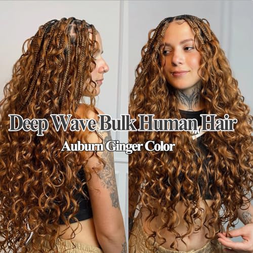 Human Hair Braiding Hair 18 Inch 100g/2Bundles Auburn Ginger Deep Wave Bulk Human Hair For Braiding 12A Curly Human Hair Extensions For Braids No Weft Knotless Human Braiding Hair