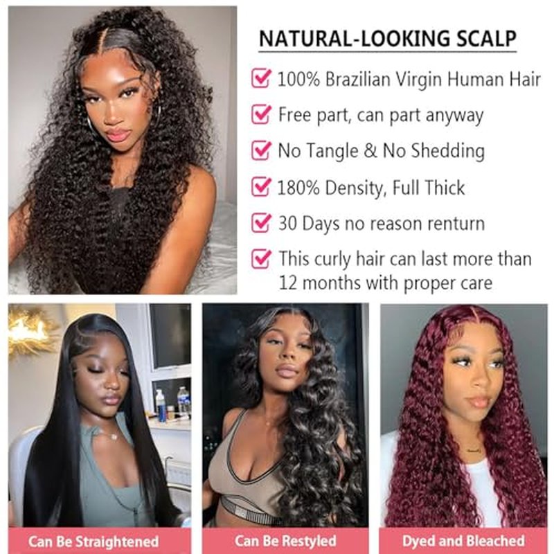 Dianthe Deep Wave Lace Front Wigs Human Hair 180% Density 13x6 HD Transparent Glueless Pre Plucked Deep Curly Wig Wet and Wavy Human Wigs for Women with Baby Hair (Deep Black, 22-Inch)