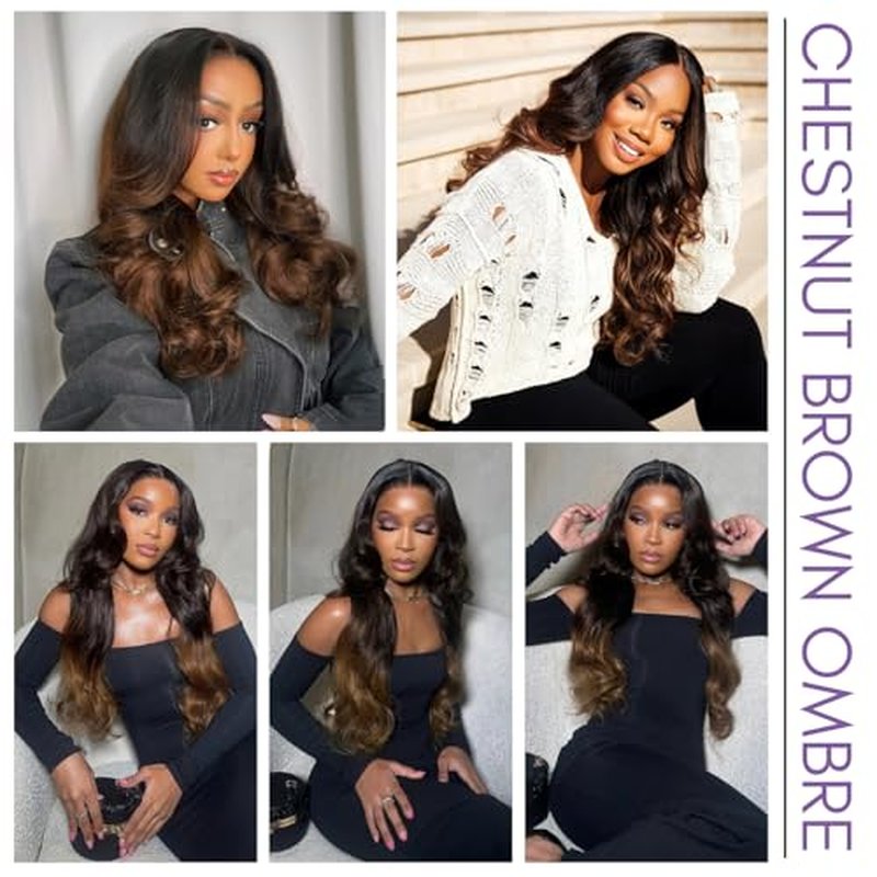 Chestnut Brown Ombre Body Wave 3 Bundles with 2x6 Hd Lace Closure Human Hair 10 12 14+10, 12A Bundles with Kim K Closure Long Deep Parting #T1B/2/30 3 Tone Medium Brown Colored Sew In Extension